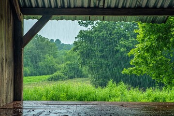 Poster - A rainy day scene from a covered porch with a blurred background, perfect for use in weather-related or home decor projects