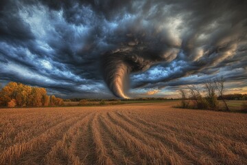Wall Mural - a massive tornado cloud hangs in the sky above a green field, with a hint of danger and unpredictabi