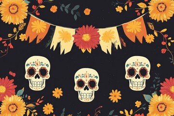 Canvas Print - Two decorative sugar skulls adorned with a garland of flowers on a dark background