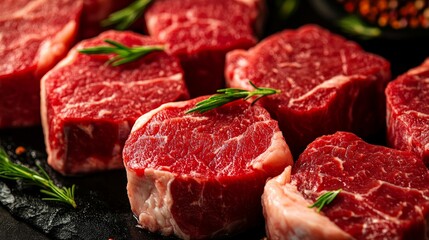 Close-up of raw beef tenderloin medallions on a black slate surface with rosemary sprigs.