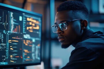 Canvas Print - A person wearing glasses looks at a computer screen