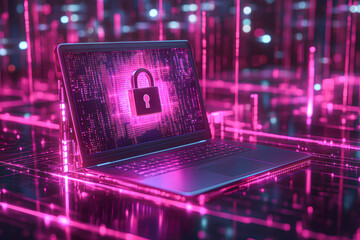 Poster - A laptop with a pink background and a pink lock on it