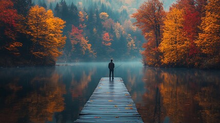Wall Mural - a lone fisherman stands on a wooden dock in a misty lake surrounded by vibrant autumn foliage.