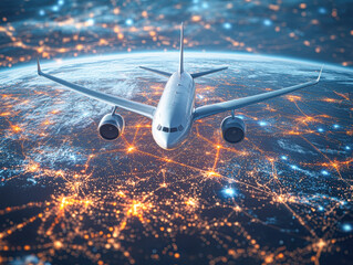 Poster - A plane is flying through the night sky with a city below