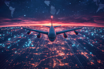 Canvas Print - A plane is flying through a city at night with a bright orange sky