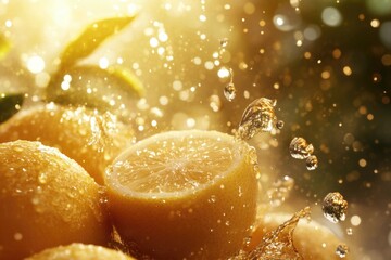 Poster - Close-up shot of a bunch of fresh oranges with water droplets and splash