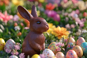 Wall Mural - A chocolate Easter bunny surrounded by colorful Easter eggs