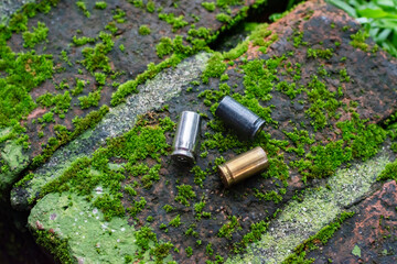 9mm pistol bullets and bullet shells on brick floor which has green moss, soft and selective focus, concept for searching a key piece of evidence in a murder case at the scene.