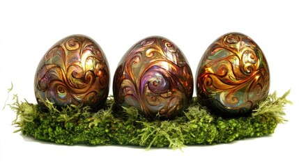 Three decorative eggs with swirling patterns, resting on green moss, isolated on a white background.