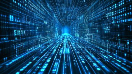 Abstract blue tunnel of binary code lines and digits, representing the speed and data flow of the digital world.