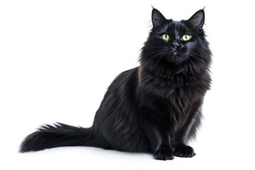 Poster - A black cat sits calmly with bright green eyes on a clean white surface