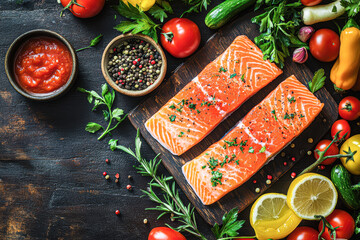 a plate of salmon and vegetables on a wooden table