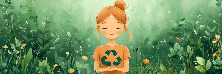 A serene young girl meditates in a green field, holding a recycling symbol, signifying mindfulness, serenity, and eco-consciousness in a lush environment.