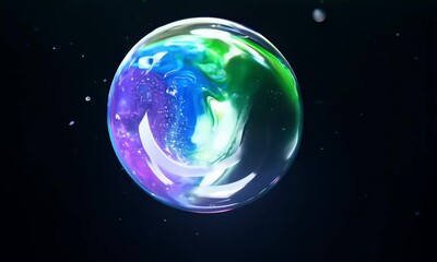 Wall Mural - Vibrant  iridescent bubble in dark space reflects myriad colors.
