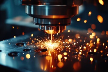 Canvas Print - A close-up shot of a machine cutting a piece of metal, suitable for use in industry-related contexts