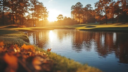 Wall Mural - a serene golf course with a pond, trees, and a sunset in the background.