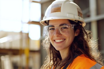 Poster - A woman wears a hard hat and safety glasses on the job site