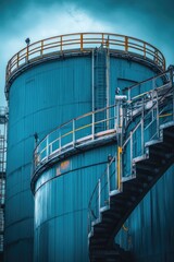 Poster - A staircase leading up to a large blue tank with an unknown substance inside