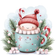 Wall Mural - Cute Holiday Mug with Hot Cocoa and Marshmallows