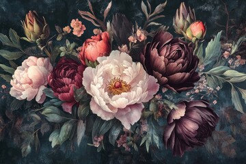 Poster - Dark floral composition with peonies flowers peony art.