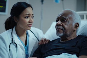 Poster - A patient lying in a hospital bed, accompanied by a visitor, likely a family member or friend