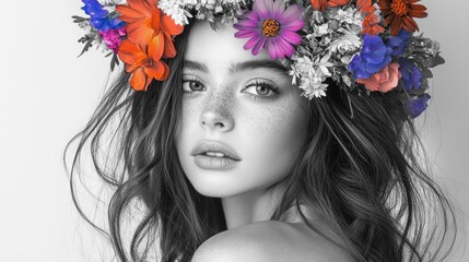 Wall Mural - A young woman wearing a beautiful flower crown on her head, perfect for editorial or commercial use in beauty, lifestyle, and cultural context