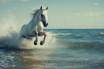 Wall Mural - A white horse gallops through calm water