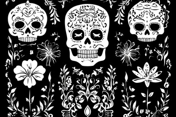 Canvas Print - A collection of sugar skulls decorated with flowers on a black background