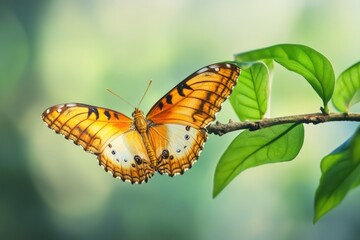 Poster - A butterfly sits on the edge of a green leaf, enjoying the warmth