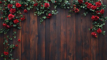 Sticker - A beautiful rustic wooden background with red roses and green leaves growing along the side.