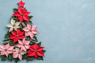 Colorful poinsettias arranged as a Christmas tree on a light blue background.