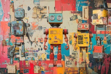 Wall Mural - A group of robots standing in front of a wall, ready to perform a task or mission