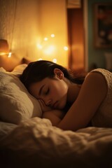 Poster - A person resting peacefully on a bed with soft lighting, perfect for depicting relaxation and calmness