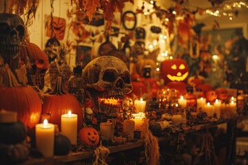 Wall Mural - Table decorated with Halloween themed items, including candles