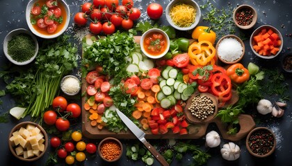 Vibrant display of fresh ingredients creating mouthwatering soups