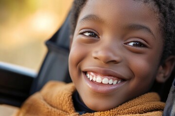 Poster - A happy child sits in a vehicle with a bright smile, perfect for capturing joy and childhood innocence