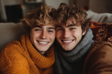 Cheerful young gay couple being romantic at home, Generative AI