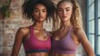 © Prime Look - Two fit young women stand together in sportswear, embracing a healthy lifestyle in the studio, Generative AI