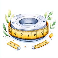 Illustration of a measuring tape surrounded by green leaves on a white background.