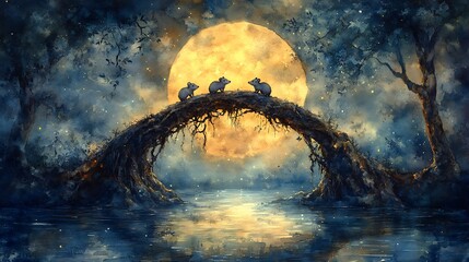 Wall Mural - Three mice stand on a curved tree branch bridge over a moonlit lake in a mystical forest.