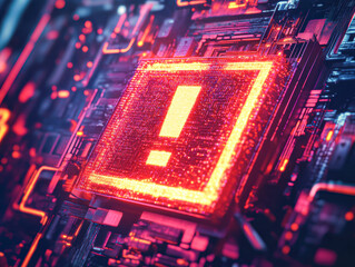 Poster - A computer chip with a red and yellow exclamation point on it