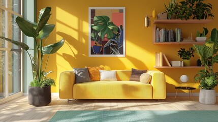 Interior of a living room with colorful on hangers, a round coffee table, and a white sofa against a blue wall with a poster mockup in a maximalist style home decor photography. 