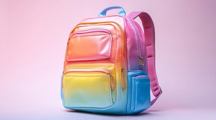 Vibrant gradient backpack, showcasing bright multicolor design, with compartments and straps, isolated studio fashion concept