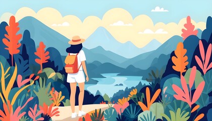 Wall Mural - Back view of a flat traveler exploring scenic landscapes