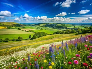 Poster - Lush Green Fields Under a Clear Blue Sky with a Gentle Breeze and Vibrant Wildflowers in Bloom