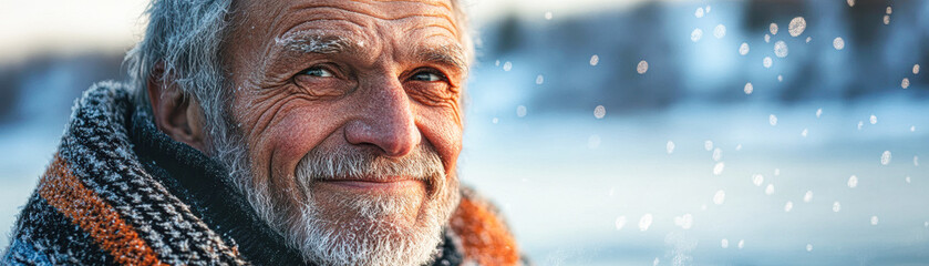 Poster - A man with a beard and white hair is smiling in the snow