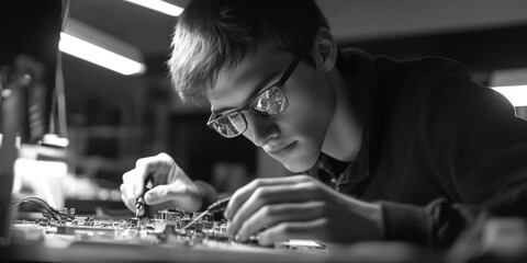 Canvas Print - A person assembling electronic components on a printed circuit board