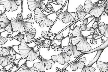 Wall Mural - Coloring book illustration of a Ginkgo biloba forest with intricate leaf patterns and serene nature elements