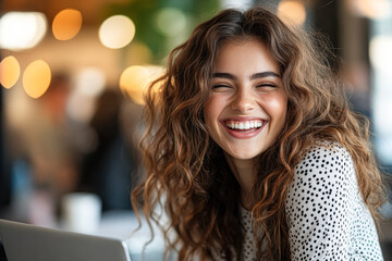 Poster - A woman with curly hair is smiling and holding a laptop