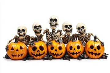 Wall Mural - Group of skeletons sitting on pumpkins, Halloween decoration idea